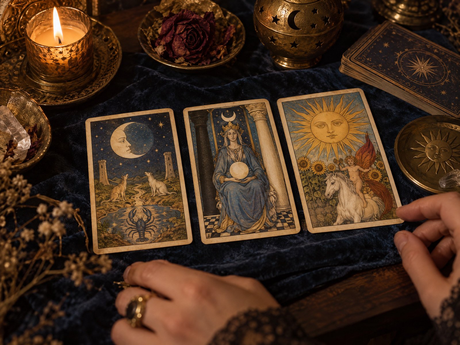 Cartas de tarot dispuestas para una lectura reflexiva