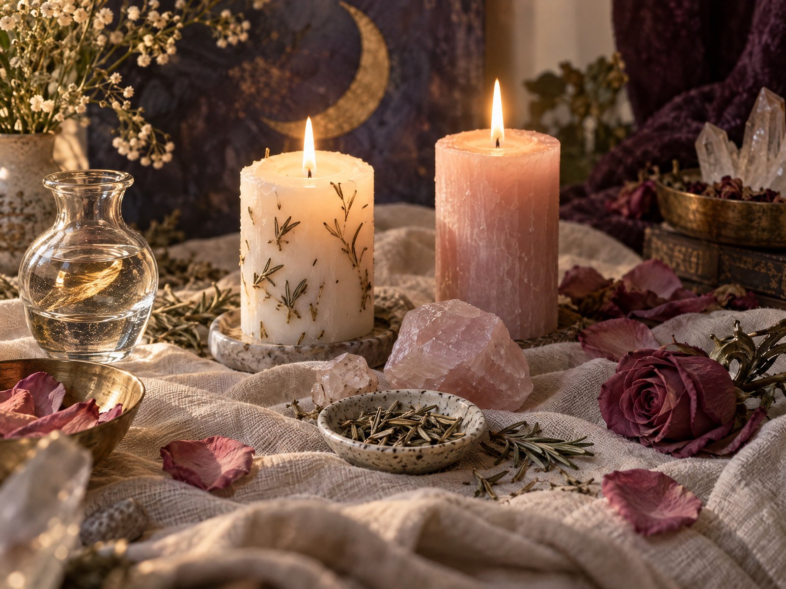 Velas, flores y cristales para un ritual simbólico de intención